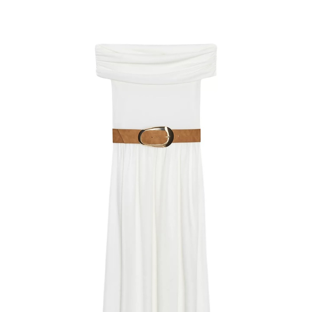 Zara OFF-THE-SHOULDER COMBINATION MIDI DRESS WITH BELT Size S